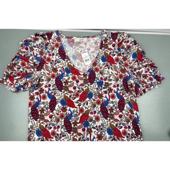 WOMEN LOFT Peacock Ruffle Cinched Sleeve V-Neck Top M - Picture 7 of 15
